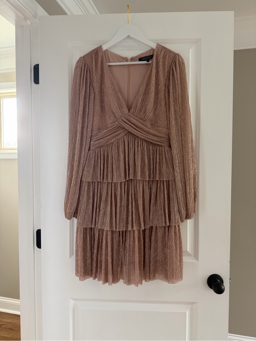 BCBGMaxAzria Rose Gold Long Sleeve Tiered V-Neck Dress